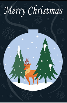 Front cover of Christmas Card, navy background with stars and stating 'Merry Christmas' at the top. Bauble shape with reindeer in the snow between two trees with snow on them.