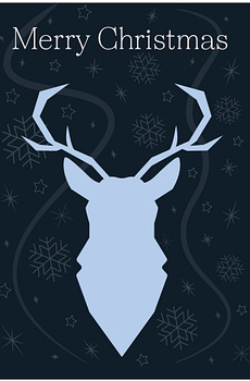 Navy and blue front cover of a Christmas card of a deer head.