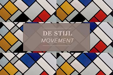Blog image for essay on De Stijl Movement. Grid of 6 images of the painting by Theo van Doesburg of Counter-Composition in Dissonance 16 (1925), broken up into blocks of white, grey, blue, yellow, black, and red, De Stjil style. Center of image states De Stijl Movement.