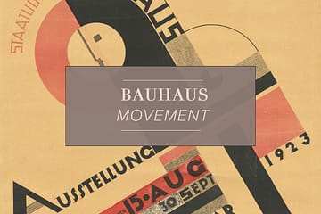 Poster design for 1923 Bauhaus competition by Joost Schmidt, cross made up of circles and squares and exhibition details, Bauhaus style poster. Blog title "Bauhaus Movement" in centre of image within brown box with pink type.
