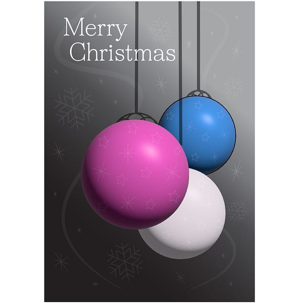Image of front of Christmas card of three baubles (pink, blue and white) with gradient black to grey background.