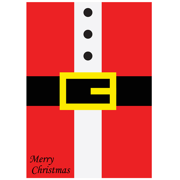 Front of Christmas card which shows part of Santa's suit across the front. Red with black buckle belt across the center. White with black buttons going down the center. 'Merry Christmas' stated in the bottom left corner.