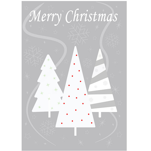 Image of Christmas card cover with three white Christmas trees on the front. Grey in the background.