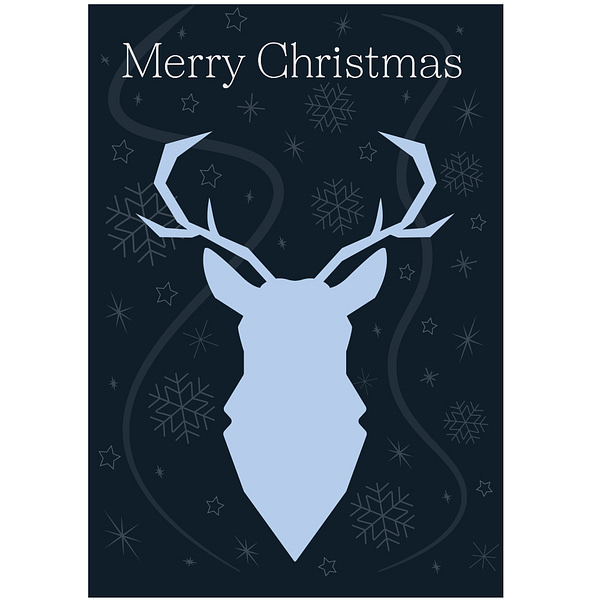Navy and blue front cover of a Christmas card of a deer head.