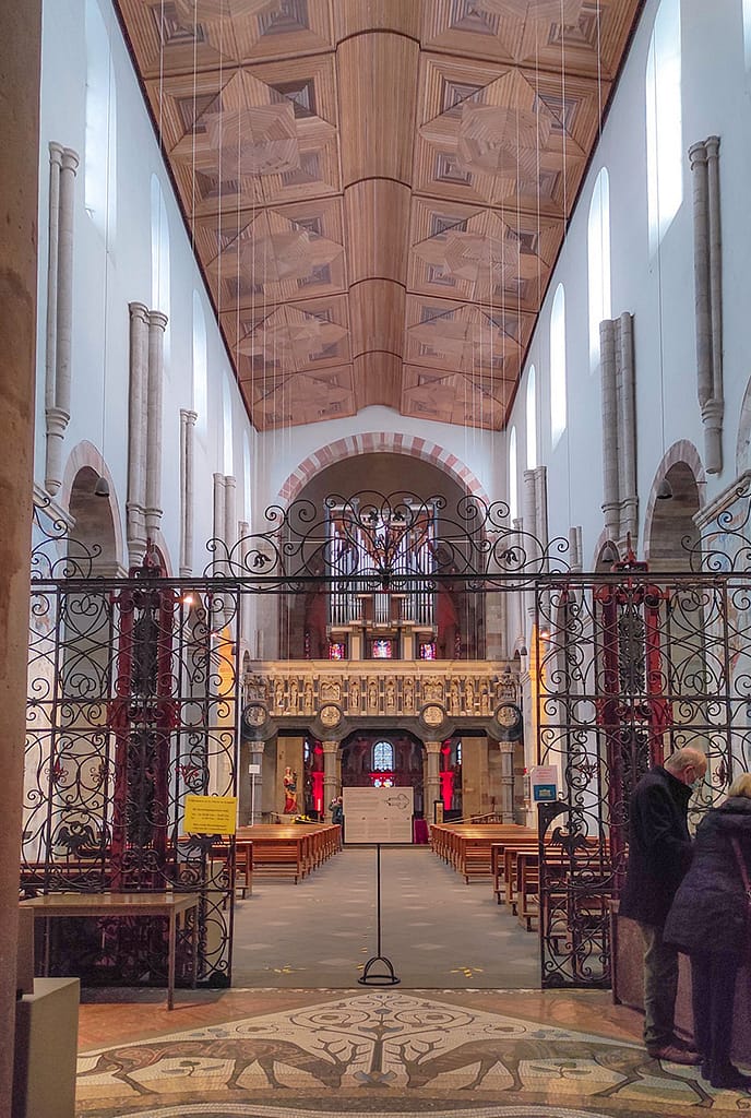 View from back of St Maria im Kapitol, up the center aisle to the altar 