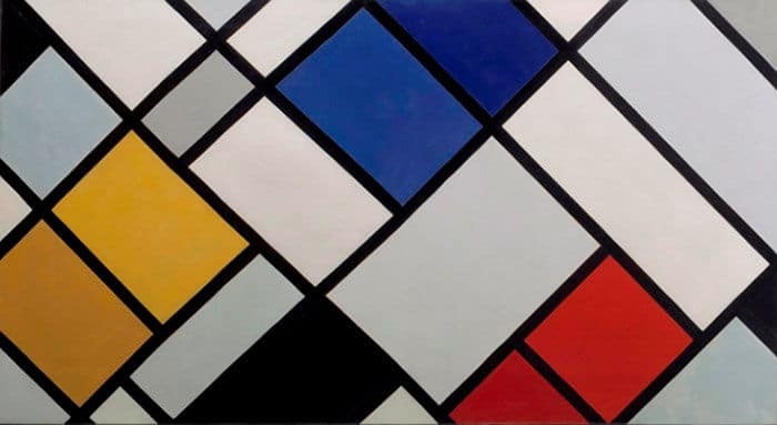 Painting by Theo van Doesburg of Counter-Composition in Dissonance 16 (1925), broken up into blocks of white, grey, blue, yellow, black, and red, De Stjil style