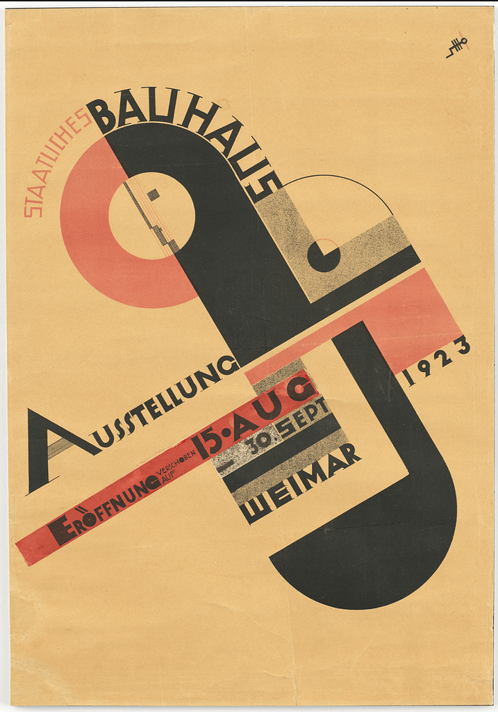 Poster design for 1923 Bauhaus competition by Joost Schmidt, cross made up of circles and squares and exhibition details, Bauhaus style poster