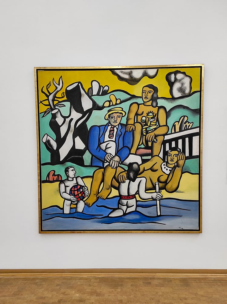 Colorful modern artwork of five people by the beach and greenery behind them. Cubism influence in the artwork too. Artwork by Fernand Legar on show on a white wall in Ludwig Museum