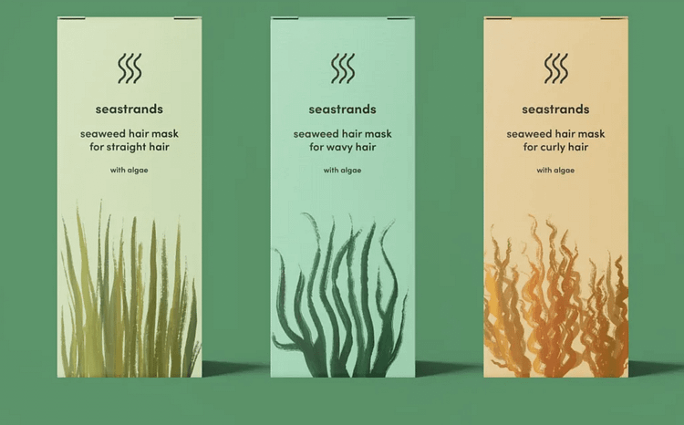 Three seaweed hair mask package boxes on display against an earthly green back tone (for straight, way, curly hair). The three packages are composed of green to brown/orange colors. They have plant paintings at the bottom of the package.