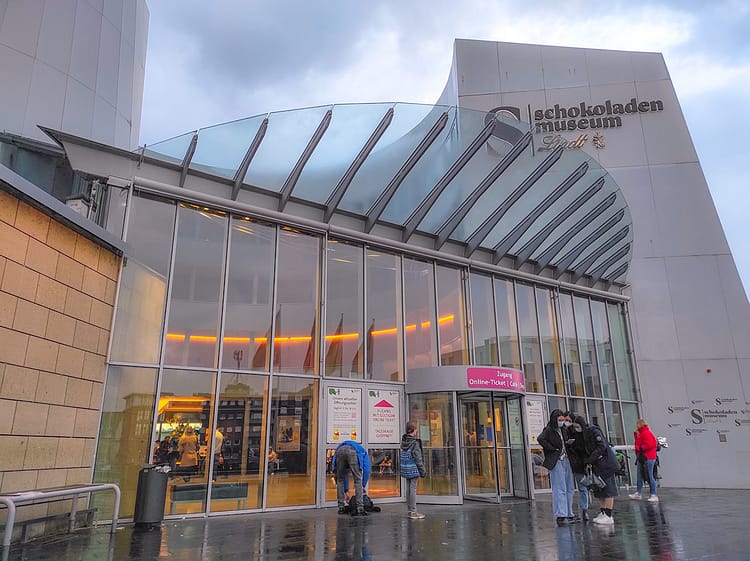 Front view of glass entrance to Cologne Chocolate Museum