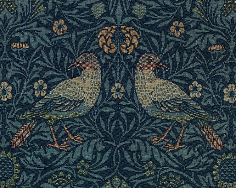woven wool tapestry pattern by William Morris of two birds. Yellow, green and brown tones within the tapestry.