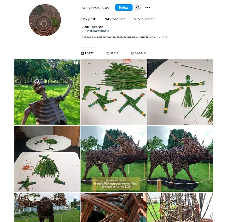 Screenshot of Instagram page of Wicklow Willow which shows 6 images of their craftwork.