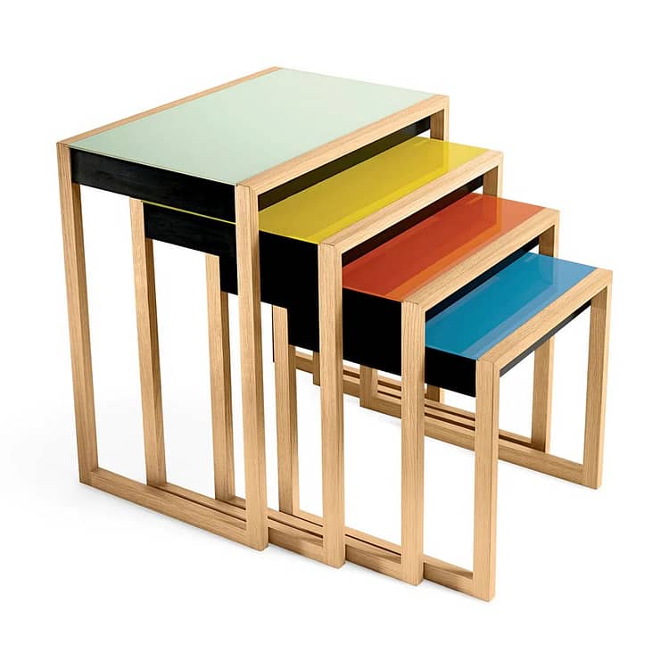 Set of four different colored stacking tables, Josef Albers stacking tables, Bauhaus style tables