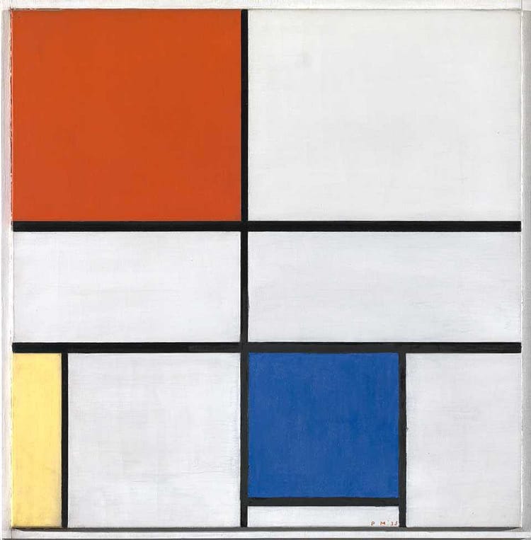 Piet Mondrian Painting Composition C (No. III), painting of 10 blocks of squares and rectangles in white, red, and yellow with black line between each shape
