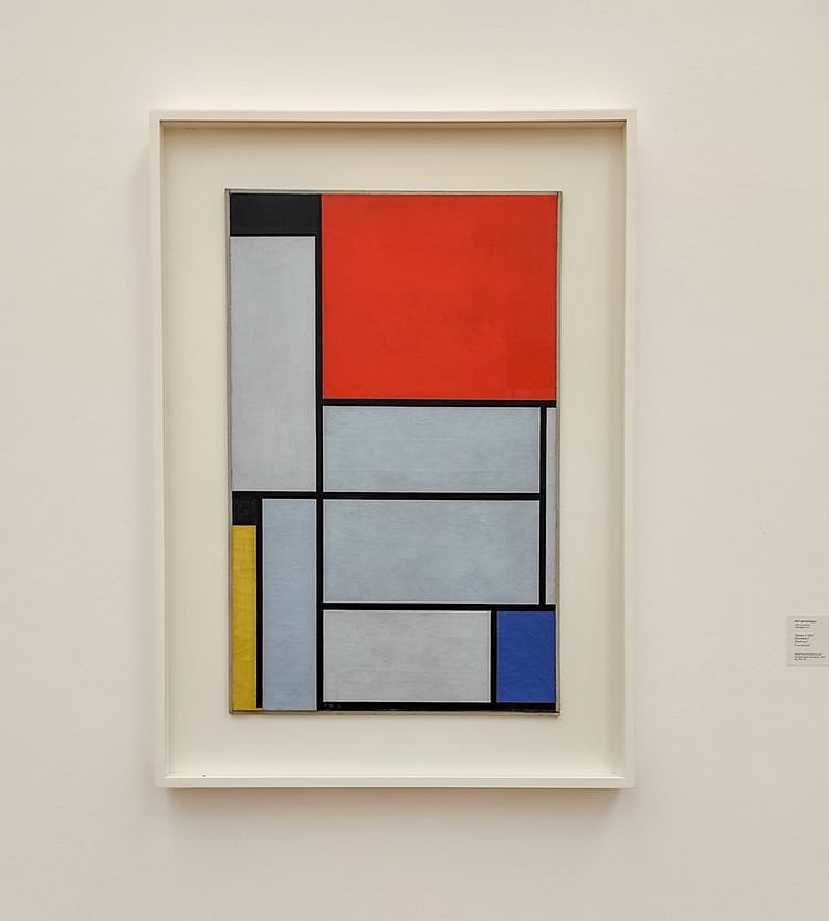 Painting of Tableau I by Piet Mondrian in Ludwig Museum. Painting composed of red, yellow, blues and black rectangles and squares.