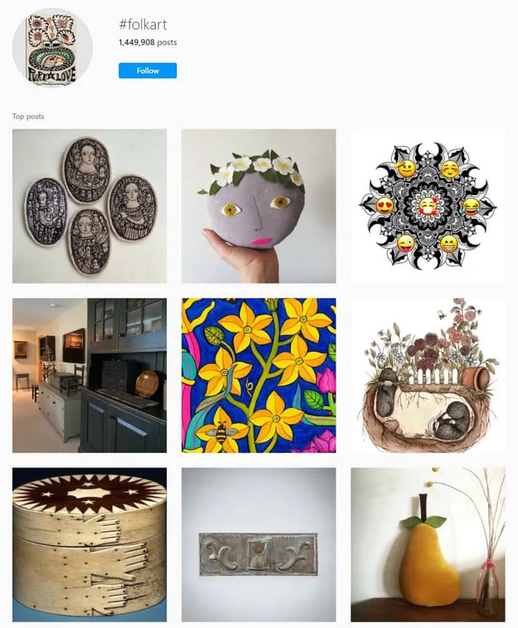 Screenshot of an Instagram search return for #folkart showing 9 images returned. Images include flower pattern design as well as craft wood work amongst others.