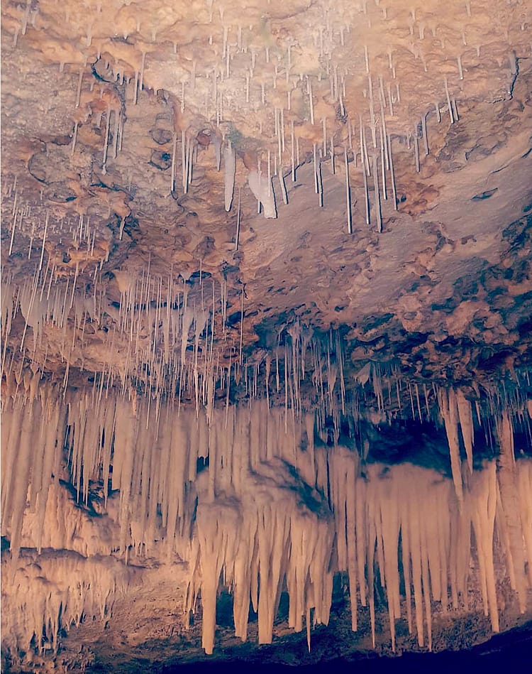 Hanging stalactites and stalagmites in Crystal Cave, Bermuda.