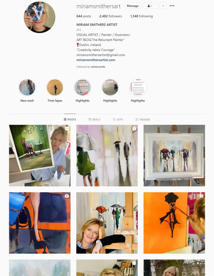 Screenshot of Instagram page of Miramsmithersart which shows 6 images of her paintings as well as Miriam alongside the paintings.
