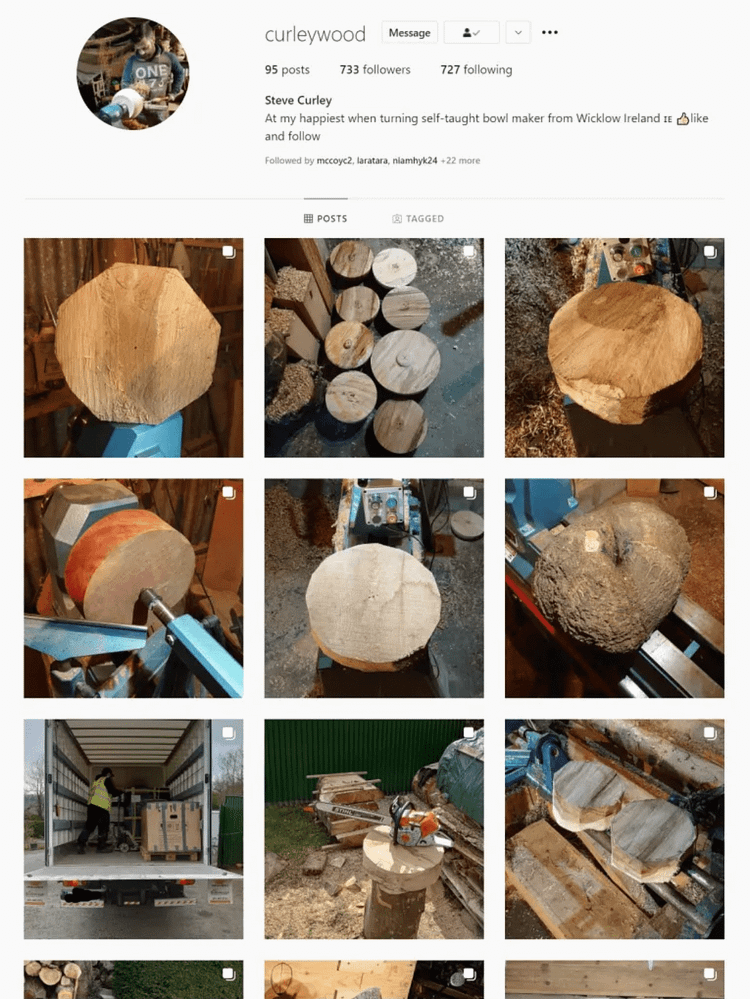 Screenshot of Instagram page of Curelywood which shows 9 images of his woodturning work in progress.